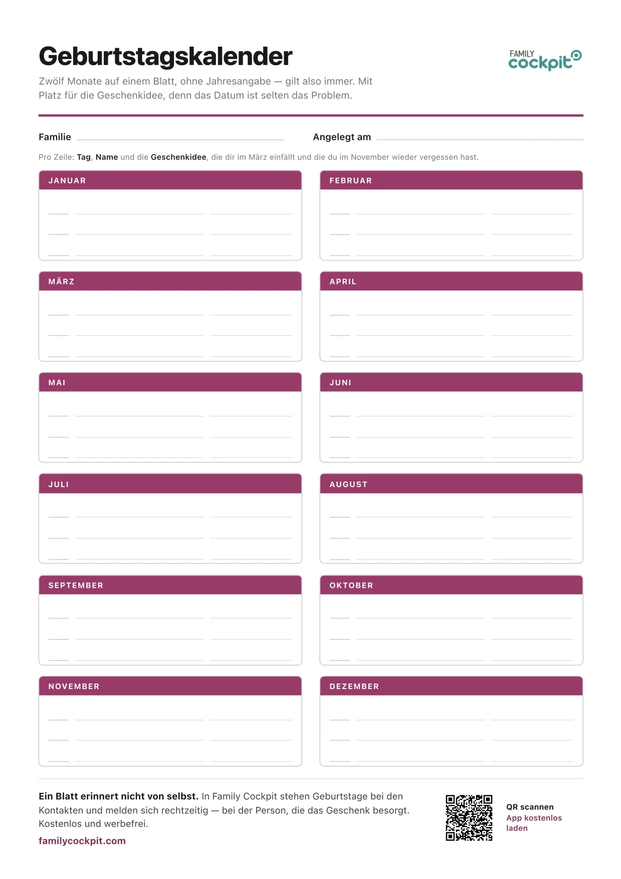 Geburtstagskalender in A4: zwölf Monatsblöcke mit Feldern für Tag, Name und Geschenkidee